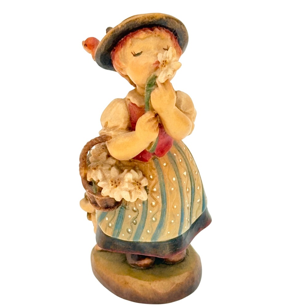 ANRI Golden Blossom Wood Carved Girl Smelling Flower Figurine w/ Rabbit 3" Italy